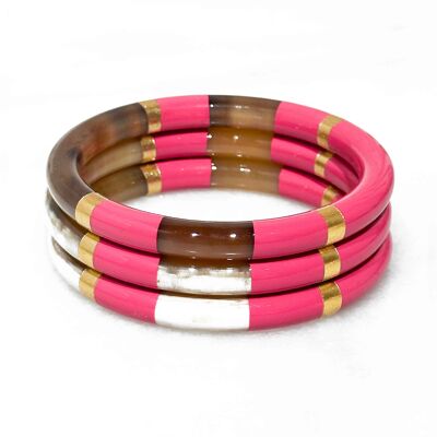 Thick real horn bangle - Fuchsia Pink - Gold leaves