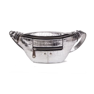Triomf fanny pack worn cross-body or at the waist in silver cro leather