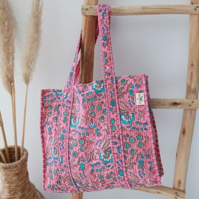 Block print shoulder bag pink turquoise