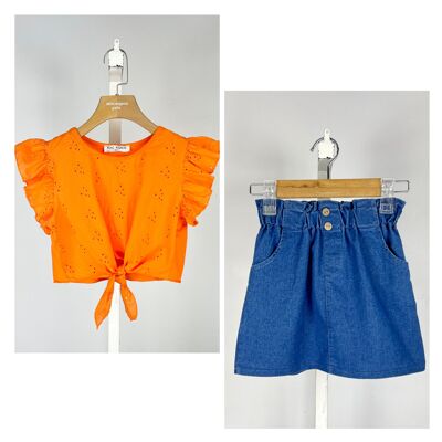 Girls' cotton top and skirt set
