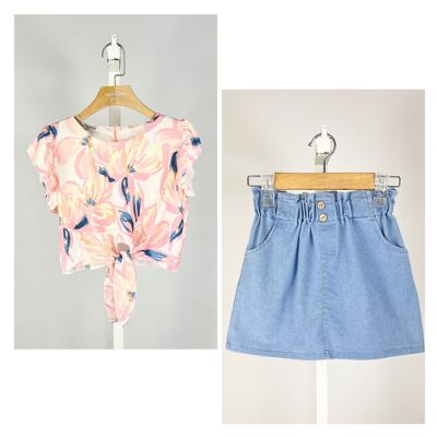 Floral top and cotton skirt set for girls