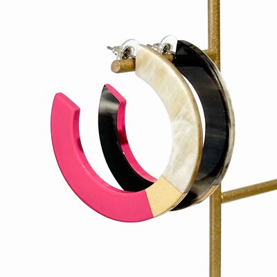 Pendientes de aro en cuerno real - Pan de oro y rosa fucsia