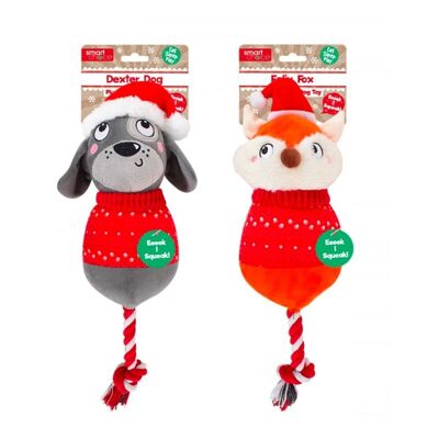 Smart Choice Christmas Squeaky Plush Rope Dexter Dog & Felix Fox Dog Toy, paquete de 2