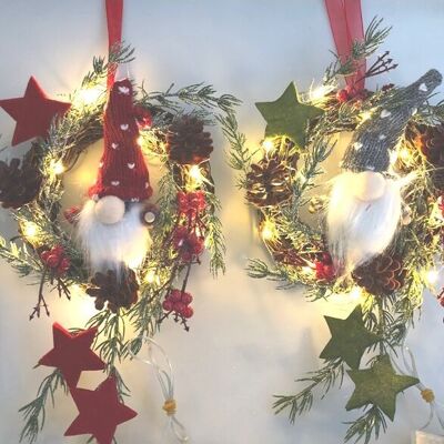 Set of 2 mini gnome wreaths with LED lights