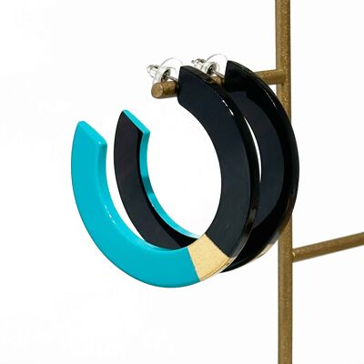 Real horn hoop earrings - Turquoise and gold leaves