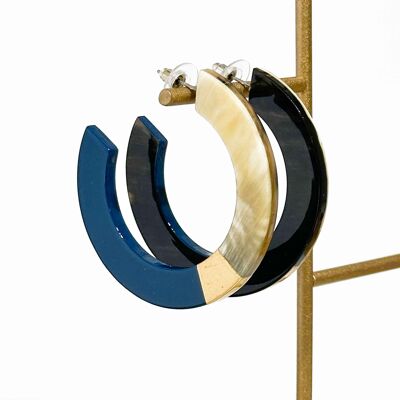 Real horn hoop earrings - Midnight blue and gold leaves