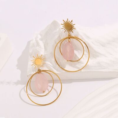Golden sun earrings with pink stone