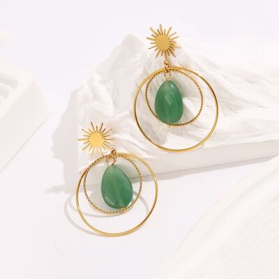 Golden sun earrings with green stone
