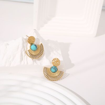 Golden fan earrings with turquoise stone