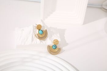 Boucles d'oreilles dorées pendantes éventail pierre turquoise