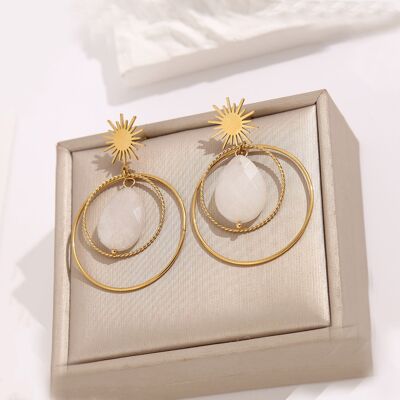Golden sun earrings with white stone