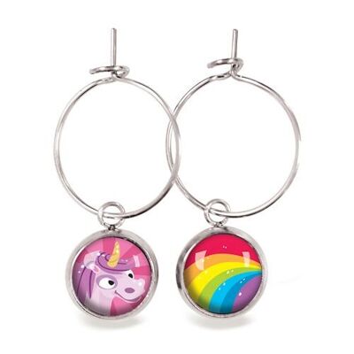 Nomade Créoles Enfant Licorne Rose / Arc-en-Ciel - Argent