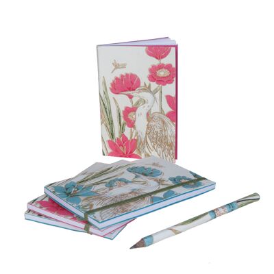 Notizbuch mit Lotusblüten- und Reihermuster, Sommer