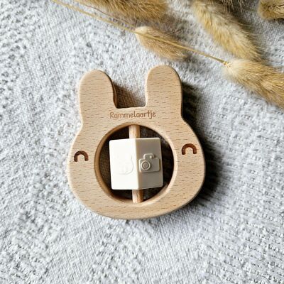 Wooden Rattle Rabbit Beige With Rotatable Silicone Block
