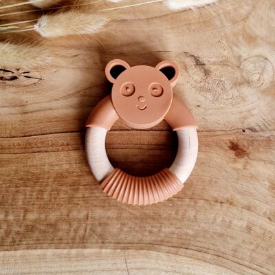 Silicone teether Panda bear with wooden ring - Rust