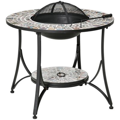 Furniture Hüsch fire table garden table with fire bowl open hair with protection & grill roaster fire basket outside for heating BBQ metal tile 75x75x60cm