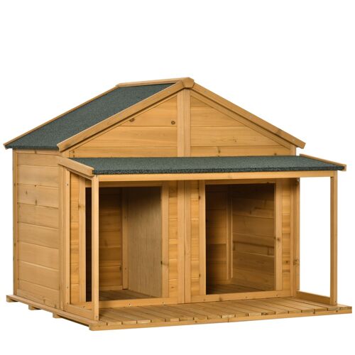 Möbel Hüsch massief houten hondenhok geïsoleerd hondenhok met 2 kamers asfaltdak buitenhut met terras geel+groen 127 x 110 x 109 cm