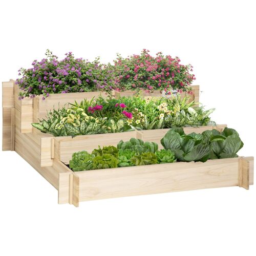 Möbel Hüsch verhoogd bed 3-laags tuinbed plantenbed kruidenbed bloemenladder voor balkontuin naturel hout 93 x 93 x 35 cm