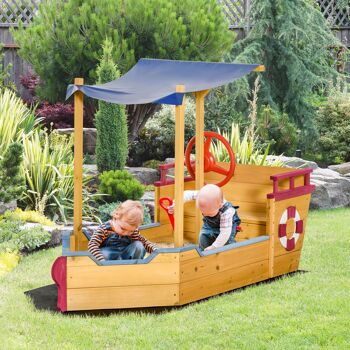 Meubles Hüsch zandbak scheepsdesign modderbak van hout zeilschip avec bankje flagmast piratenschip pour enfants 3-8 ans 160 x 70 x 103 cm 2