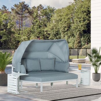 Möbel Hüsch ensemble de meubles de cuisine 4 pièces avec bijzettafel dakbank ensemble de meubles de balcon banc avec coussins extérieur aluminium blanc + gris 3