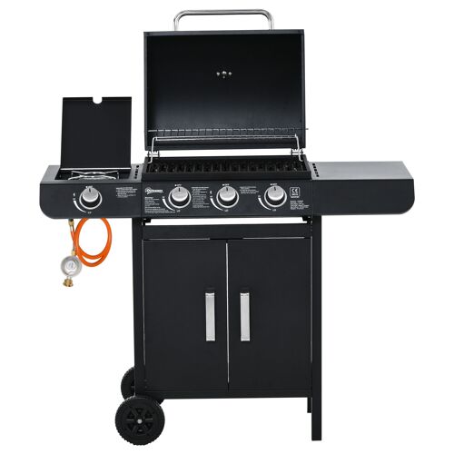 Möbel Hüsch gasgrill BBQ trolley met 3 branders 1 zijbrander reduceerslangen kast multifunctioneel staal zwart 110 x 50 x 100 cm