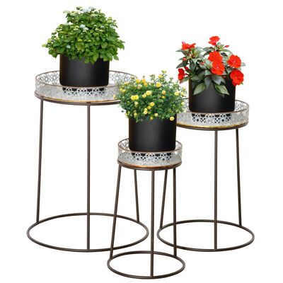 Möbel Hüsch bloemenstandaard set van 3 metalen plantenstandaard set bloemenkruk bloempothouder plantenkruk voor bloempot stapelbaar koffie + zilver