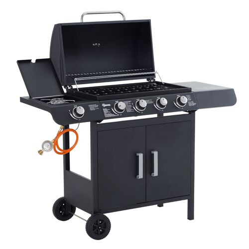 Möbel Hüsch gasgrill BBQ trolley met 3 branders 1 zijbrander reduceerslangen kast multifunctioneel metaal zwart 125 x 51 x 100 cm