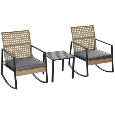 Möbel Hüsch rotan schommelstoel 3-delig bistroset 2 stoelen 1 tafel met kussens staal voor tuinen terrassen buiten terrasmeubels naturel + grijs