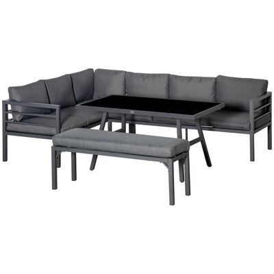 Möbel Hüsch Ensemble de meubles 4 pièces avec table à manger, ensemble de meubles de balcon, banc avec coussins, façade en L, buiten, grilles en aluminium