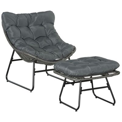 Möbel Hüsch rotan relaxstoel met voetenbank tuinstoel outdoor rotan stoel met kussen staal polyester grijs 69 x 76 x 70 cm