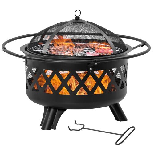 Möbel Hüsch vuurschaal 2-in-1 vuurkorf met vonkenbescherming grillnet Ø82 cm vuurkorf voor verwarming BBQ grill tuinterras rond zwart