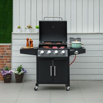 Meubles Hüsch Grill à gaz BBQ avec wapiti 3 branders 3 kW Chariot de grill mobile avec 4 roues Filet de grill zijtafels drukregelaarslangen 132,4 cm x 55 cm x 109 cm 2