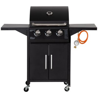 Furniture Hüsch gas grill BBQ with elk 3 burners 3 kw mobile grill cart with 4 wheels grill net side panels pressure regulator coils steel 121 x 55 x 109 cm