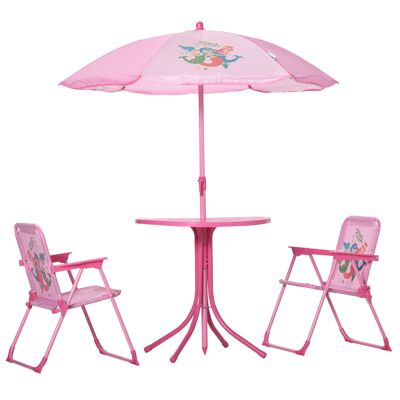Möbel Hüsch kinderzitgroep, camping, tuintafel, 2 klapstoelen, parasol, 4 stuks. Kinderzitje voor 3-6 jaar, roze