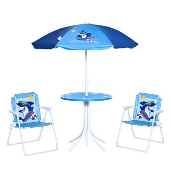 Meubles Hüsch Kinderzitgroep, camping, Tuintafel, 2 slapstoelen, parasol, 4 pièces. Service à thé pour enfants de 3 à 6 ans, bleu 1