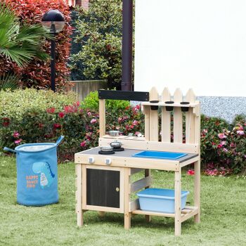 Meubles Hüsch modderkeuken outdoor zandspeelset van hout tuinkeuken Speeltafel zand avec plantpotten roestvrijstalen accessoires speelgoedset pour 3-7 ans 3