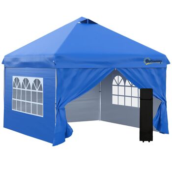 Le mobilier Hüsch comprend un mur de 3 x 3 m composé de 4 pièces avec de la place pour la tente de fête et une tente avec rideaux suspendus en métal bleu Oxford. 1