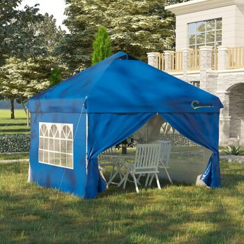 Le mobilier Hüsch comprend un mur de 3 x 3 m composé de 4 pièces avec de la place pour la tente de fête et une tente avec rideaux suspendus en métal bleu Oxford. 2
