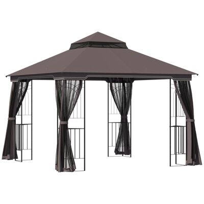 Muebles Hüsch tuinpaviljoen con dubbel dak paviljoen tuintent feestent feestent con 4 x zijwanden metal + poliéster café 2,99 x 2,99 x 2,74 m