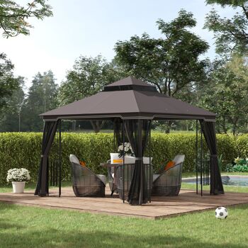 Meubles Hüsch tuinpaviljoen avec double dak paviljoen tuintent feesttent feesttent avec 4 x zijwanden métal + polyester café 2,99 x 2,99 x 2,74 m 2