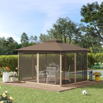 Meubles Hüsch pavillon tuinpaviljoen 3,65 x 3 m tuintent partytent partytent avec 4 x klamboe ademend double dak métal polyester marron + beige 2