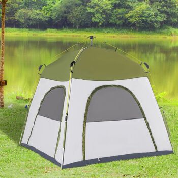 Mobilier Hüsch Tente de camping Tente familiale pour 4 personnes avec Venster 190TPU1000mm Gemakkelijk Op te zetten Aluminium Glasvezel Groen+Grijs 240x240x195cm 3