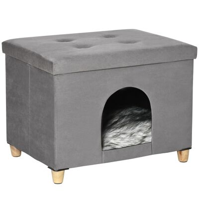 Furniture Hüsch 2-in-1 cat large footstool with cushions wooden pot cat house cat shelf soft padded earth pouf removable MDF plush gray 60 x 45 x 44.5 cm