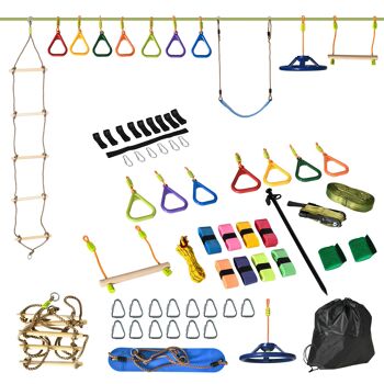 Mobilier Hüsch Ninja slackline set 13 m obstacles suspendus pour 3-14 ans slackline pour enfants Ninja set d'entraînement à l'escalade pour enfants avec anneaux, échelle en bois, extérieur en polyester, en matériau couleur mer 1