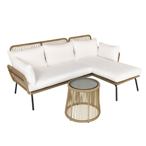 Möbel Hüsch 3-delige rotan tuinmeubelset, 2-zitsbank met chaise longue en bijzettafel, beige en koffie