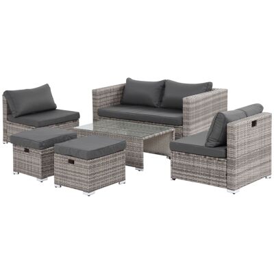 Furniture Hüsch rattan bench, 6-piece lounge set, garden furniture set with coffee table, metal, grey, 151 x 75 x 65 cm