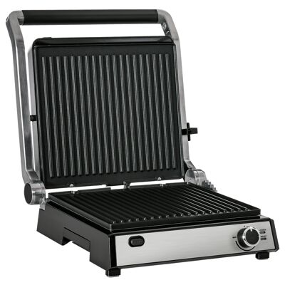 Mobili Hüsch contactgrill griglia elettrica 2000 W griglia da tavolo BBQ con termostato regolabile 180 gradi cerniera RVS argento + nero 36,6 x 35,7 x 16,2 cm