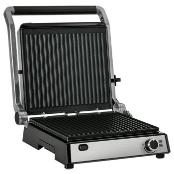 Meuble Hüsch contactgrill gril électrique 2000W gril de table BBQ avec thermostat réglable 180 degrés articulé RVS argent + noir 36,6 x 35,7 x 16,2 cm 1