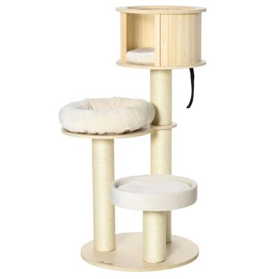 Möbel Hüsch krabpaal voor katten met drie niveaus klimboom van hout met kattengrot sisalpalen groot platform speelballen 122cm hoogte