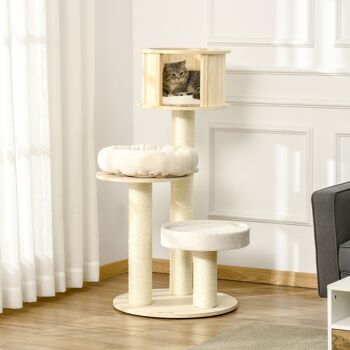 Meuble Hüsch Krabpaal pour chats avec trois niveaux klimboom van hout avec cat grot sisalpals grande plate-forme speelballen 122cm hoogte 2